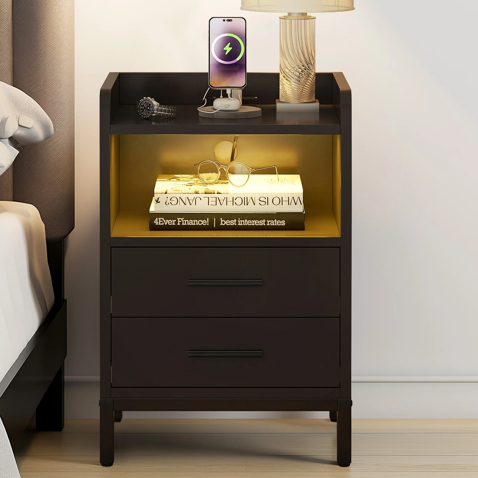 1/2pc LED Nightstand End Side Table with Charging 